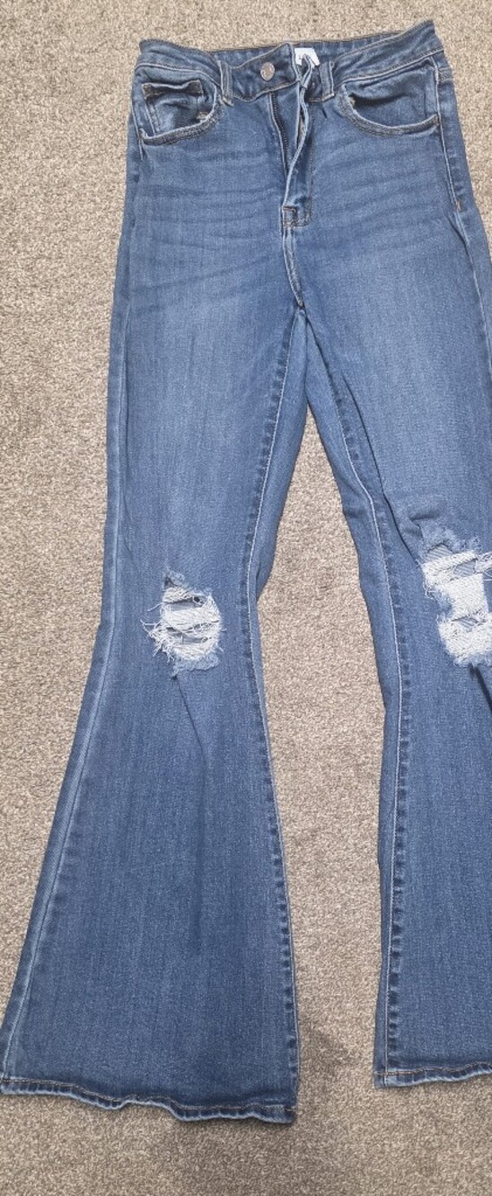 Cello Women's Light Blue Flare Jeans with Knee Distressing